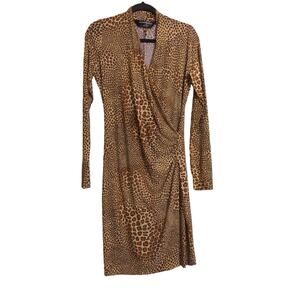 Norma Kamali Women Faux Wrap Dress Brown Leopard Print Ruched Midi Long Sleeve M